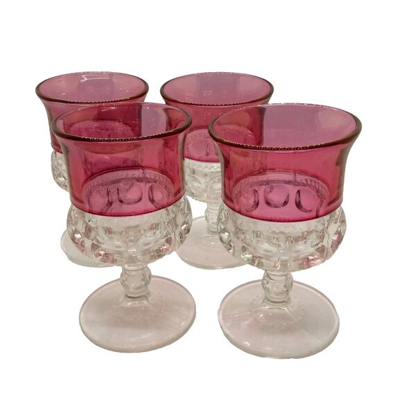 4 King's Crown Vintage Cranberry Flashed Band Thumbprint Footed Water Go… - Picture 1 of 5